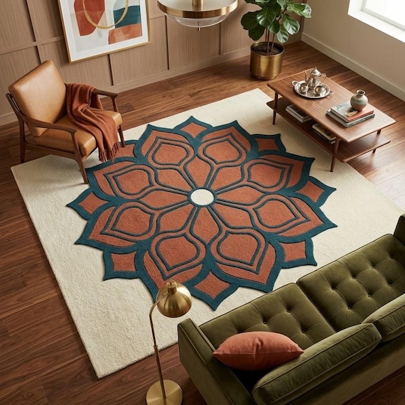 Hand Tufted New Zealand Wool Rug 3D Carved Terracotta Floral Mandala Boho Room Decor