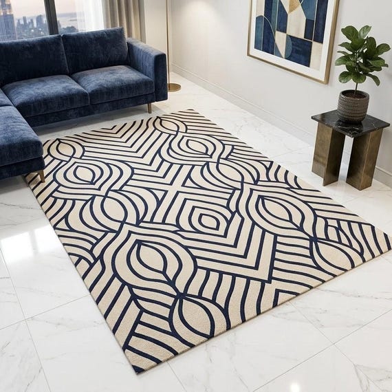 Geometric Rug, Hand Tufted Navy Blue And Cream Wool Abstract Design