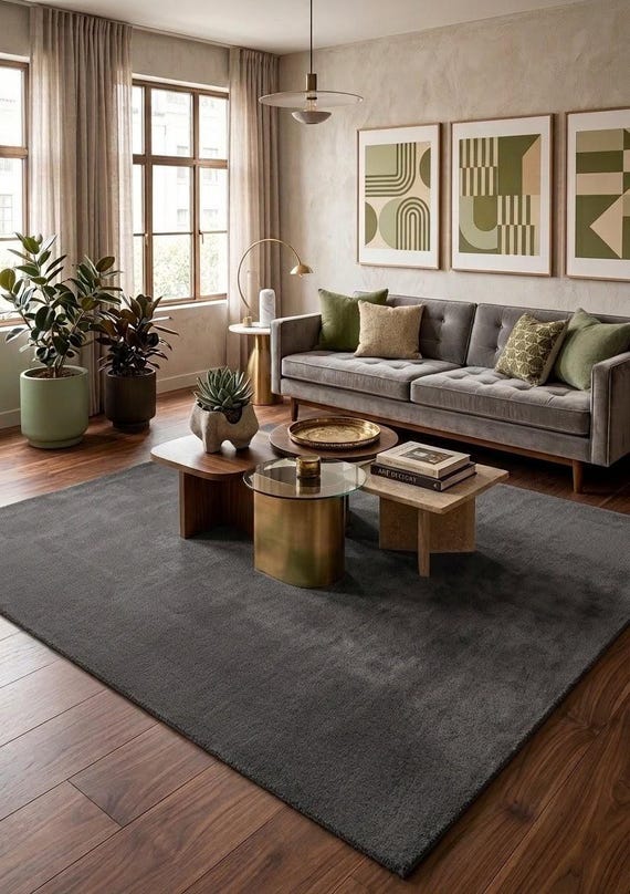 Hand Tufted Charcoal Black Wool Rug Modern Minimalist Area Rug Handmade New Zealand Wool Carpet