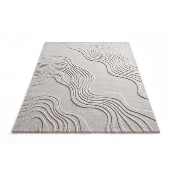 Hand Tufted Wool Rug, Modern Abstract Wave Area Rug, Light Gray Luxury Carpet, Contemporary Living Room Bedroom Rug
