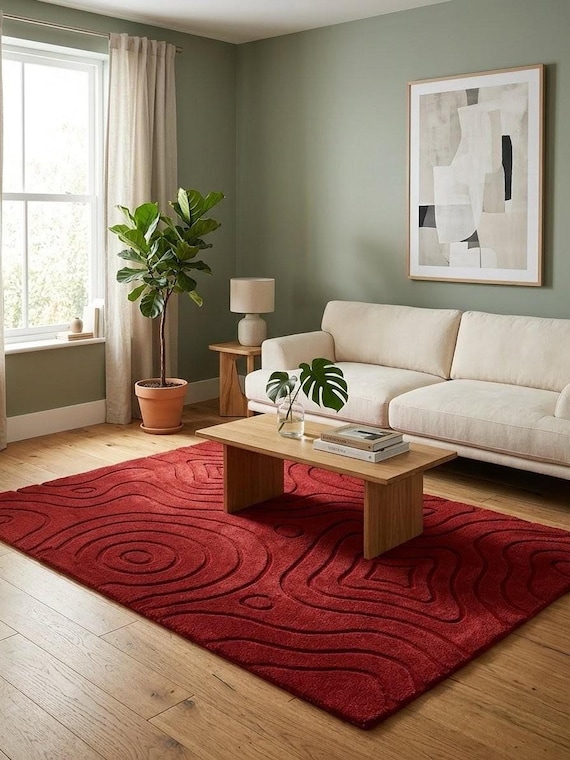 Red Area Rug, Hand-Tufted Wool with Abstract Wavy Contours