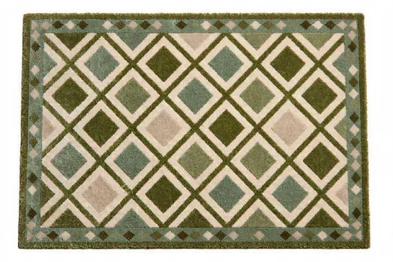 Hand Tufted Wool Rug, Modern Geometric Area Rug, Green & Cream Diamond Carpet, Handmade Living Room Rug, Contemporary Wool Carpet