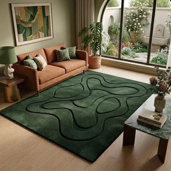 Green Wool Rug, Hand Tufted Abstract Pattern, Medium Pile