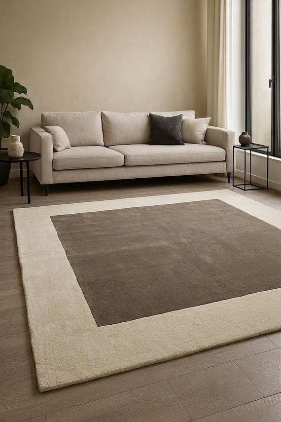 Modern Neutral Wool Rug, Hand Tufted Area Rug, Beige Brown Minimalist Rug, Luxury Living Room Carpet, Custom Rug