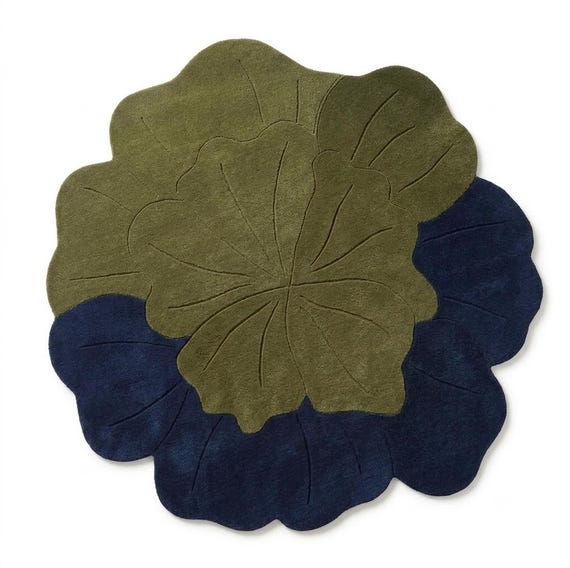 Light Green and Navy Blue Flower Shaped Rug | Hand Tufted New Zealand Wool Lotus Area Carpet | Modern Irregular Botanical Aesthetic Decor