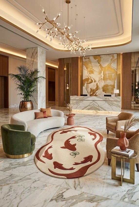 Hand Tufted Koi Fish Rug Handmade New Zealand Wool Irregular Luxury Area Carpet Decor