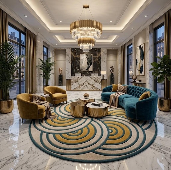 Modern Hand Tufted Round Wool Rug Abstract Geometric Blue Gold Luxury Area Carpet Decor