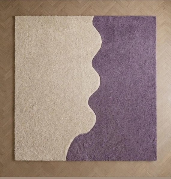 Hand Tufted Wool Rug, Modern Abstract Area Rug, Cream Purple Wave Design, Handmade Wool Carpet, Contemporary Home Decor