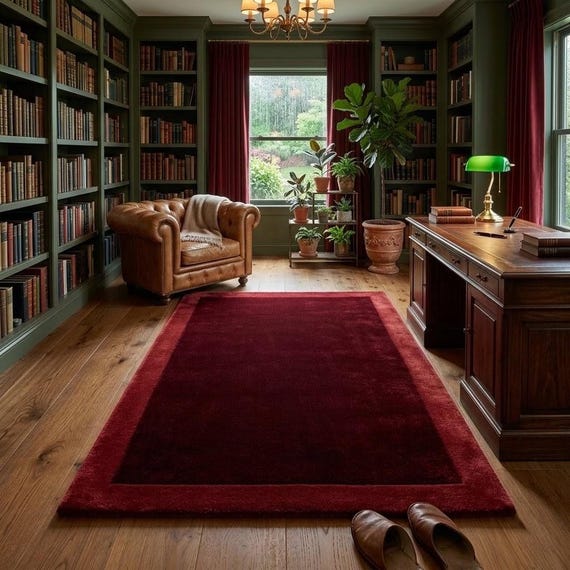 Hand Tufted Wool Rug, Burgundy Red Area Rug, Luxury Library Rug, Modern Border Carpet, Handmade Living Room Bedroom Decor