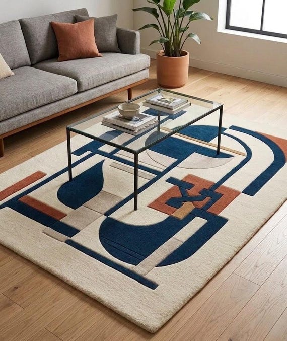 Hand Tufted Rug, Abstract Wool Geometric Design in Navy Blue, Ivory, Terracotta