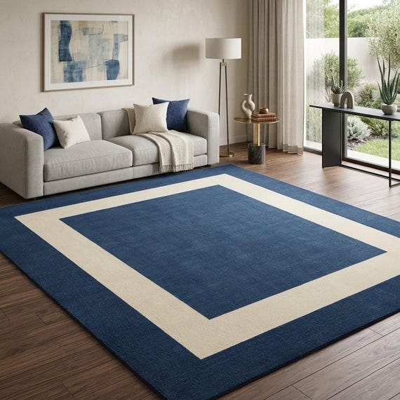 Hand Tufted Rug, Navy Blue And Ivory Wool Geometric Border