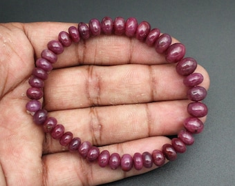 Natural Ruby Bead Bracelet, Smooth Rondelle Beads, Deep Pink Crystal Bracelet, July Birthstone Jewelry,