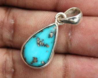 Natural Turquoise Teardrop Pendant, 925 Sterling Silver Boho Southwestern Jewellery