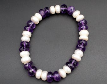 Natural Amethyst Freshwater Pearl Stretch Bracelet, February Birthstone Jewelry
