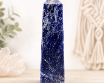Sodalite Crystal Tower Point – Blue Healing Crystal Obelisk – Gemstone Wand – Chakra Balancing, Home Decor