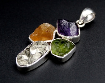 Raw Amethyst Citrine Peridot Pyrite Sterling Silver Pendant – Boho Nature Jewellery