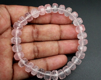 Natural Rose Quartz Cube Bead Bracelet, Chunky Beaded Stretch Bracelet, Love Energy Gemstone Jewelry