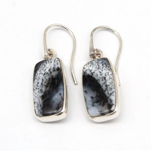 May include: A pair of drop earrings featuring rectangular stones with a white and black dendritic pattern, encased in polished silver-toned metal settings. Each earring hangs from a curved silver-toned wire hook, showcasing a smooth finish.