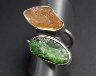Raw Citrine Chrome Diopside Sterling Silver Adjustable Ring – Double Stone Statement Jewelry