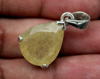 Natural Rutilated Quartz Teardrop Pendant • 925 Sterling Silver Boho Jewellery