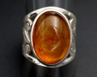 Natural Amber Oval Cabochon Sterling Silver Statement Ring – Scrollwork Band
