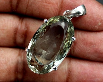 Green Amethyst  Oval Faceted Gemstone Pendant / Natural Prasiolite Necklace / 925 Sterling Silver Jewelry
