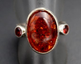 Natural Baltic Amber Garnet Sterling Silver Statement Ring – Boho Gemstone Jewelry