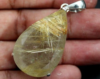 Natural Golden Rutilated Quartz Pendant / 925 Sterling Silver Teardrop Necklace / Healing Rutilated Quartz Jewelry