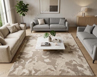 Handmade Tufted Wool Rug – Neutral Abstract Beige Brown Modern Carpet (9x12)