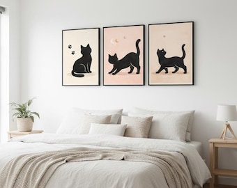 Minimalist Black Cat Art Prints | Set of 3 (Digital Download)