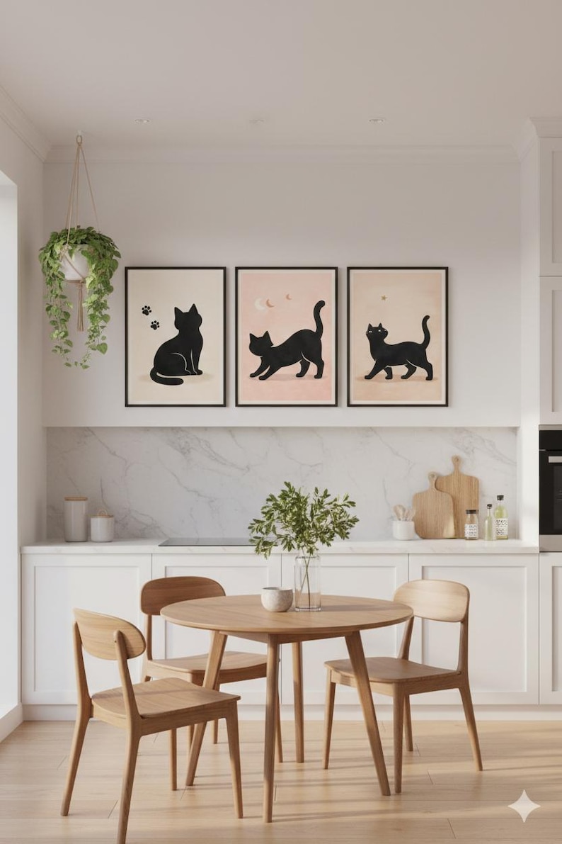 Minimalist Black Cat Wall Art Set of 3 | Modern Cat Prints | Neutral ...