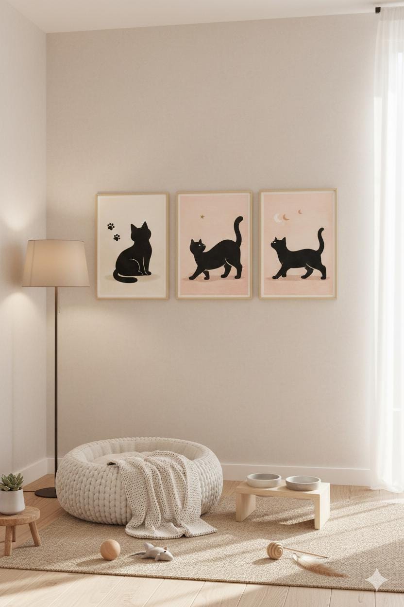 Minimalist Black Cat Wall Art Set of 3 | Modern Cat Prints | Neutral ...