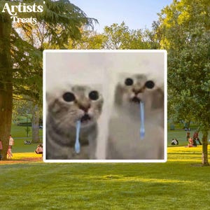 May include: A square graphic featuring two cats, one tabby and one light-coloured, each holding a light blue toothbrush in their mouths. The text Artists' Treats appears in the top left corner. The image is set against a park background.