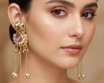 Goldplated Kashmiri Chandelier Pearl Earrings, Ghunghroo Indian Jewelry, Handmade