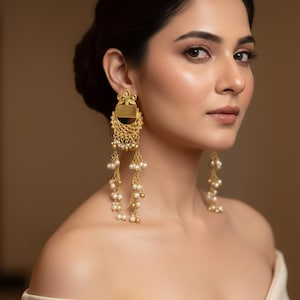 Gold Monalisa rectangular Stone Chandelier pearl Earrings | Indian Bridal Jewelry