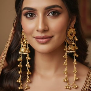 May include: A woman with dark hair and makeup is wearing long, gold earrings. The earrings have a bell-shaped design with dangling chains of small gold beads. The woman is wearing a maroon and gold embroidered top.