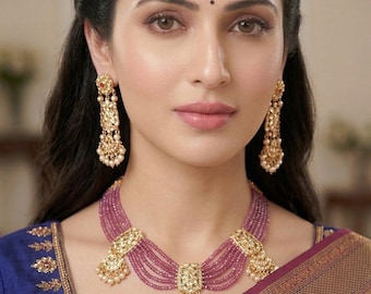 Jadau-kettingset, dieproze kralen, Kundan-choker, vergulde bruidssieraden