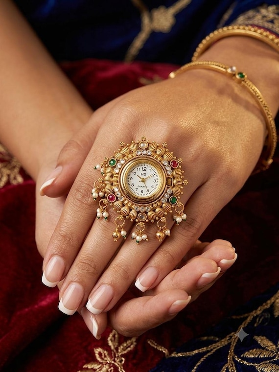 Royal Gold Watch Ring, Antique Indian Statement Cocktail Ring, Pearl Tassel Jewelry