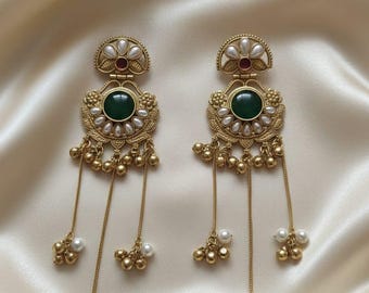 Goldplated Kashmiri Chandelier Pearl Earrings, Ghunghroo Indian Jewelry, Handmade