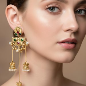 May include: Gold earrings with detailed design, incorporating red and green gemstones, small pearls, and dangling bell-shaped charms. The earrings have a floral pattern and are worn on the ear.