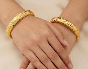 Pair of Gold Plated Daily Wear Bangles, Anti Tarnish Gold Kada Set of 2, Intricate Textured Floral Bracelet, Indian Jewelry, Gift for Her
