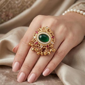 Oversized Emerald Green Ruby Red Royal Kundan Ring, Gold Tone Ghungroo Dangle Jewellery