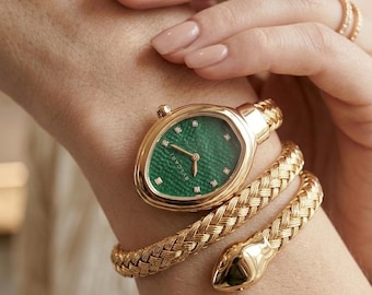Luxury Green Crystal Snake Wrap Watch | Gold & Silver Two-Tone Bracelet Watch Buy Lavish Storer Silver Snake Wrap Bracelet Watch for Women  main image 3