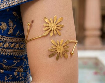 Gold Floral Upper Arm Cuff Bracelet | Adjustable Boho Armlet Bajuband Jewelry