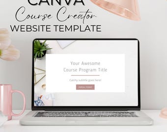 May include: A laptop computer displaying a website template for a course creator. The website has a white background with a pink button that says "Enroll Today!" and the text "Your Awesome Course Program Title" and "Catchy subtitle goes here!"