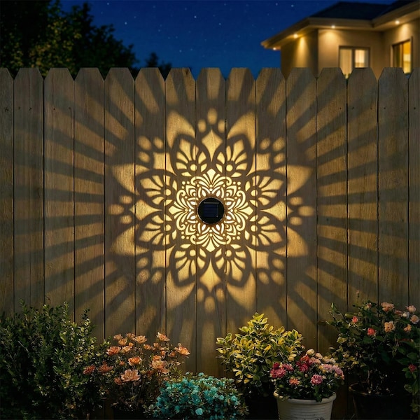 2 Pack Solar Fence Lights Metal Solar Powered Outdoor Wall Deck Step Lights Mandala Waterproof Fence Light for Garden Patio Backyard Decor