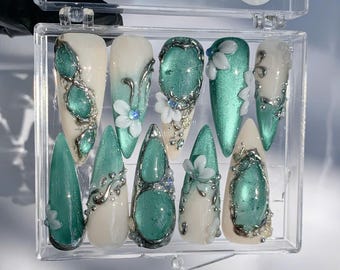 Press On Nails Teal Chrome Mermaid 3D Floral | Silver Metallic Stiletto Nails with Rhinestones Pearls | Luxury Handmade Glue On Nails