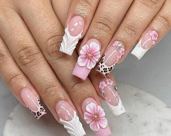 Pink 3D Flower Coffin Press On Nails, Blush Leopard French Tip Luxury Nails with Pearls Rhinestones, Handmade Reusable Gel Nails