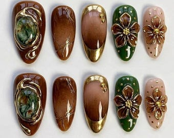 Autumn Caramel Marble Press On Nails, Green Floral 3D Nails, Gold Chrome Accent, Brown Luxury Fall Nails, Handmade Elegant Nail Set