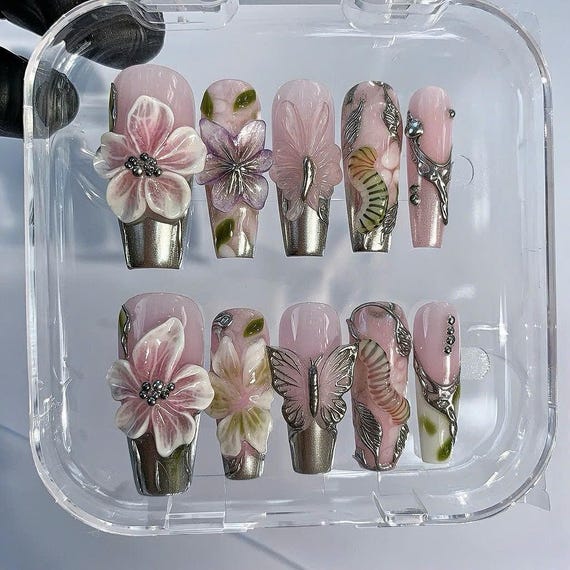 Pink 3D Flower Press On Nails – Butterfly Luxury Nails, Metallic Floral Nail Set, Handmade Gel Press Ons, Elegant Wedding Nails